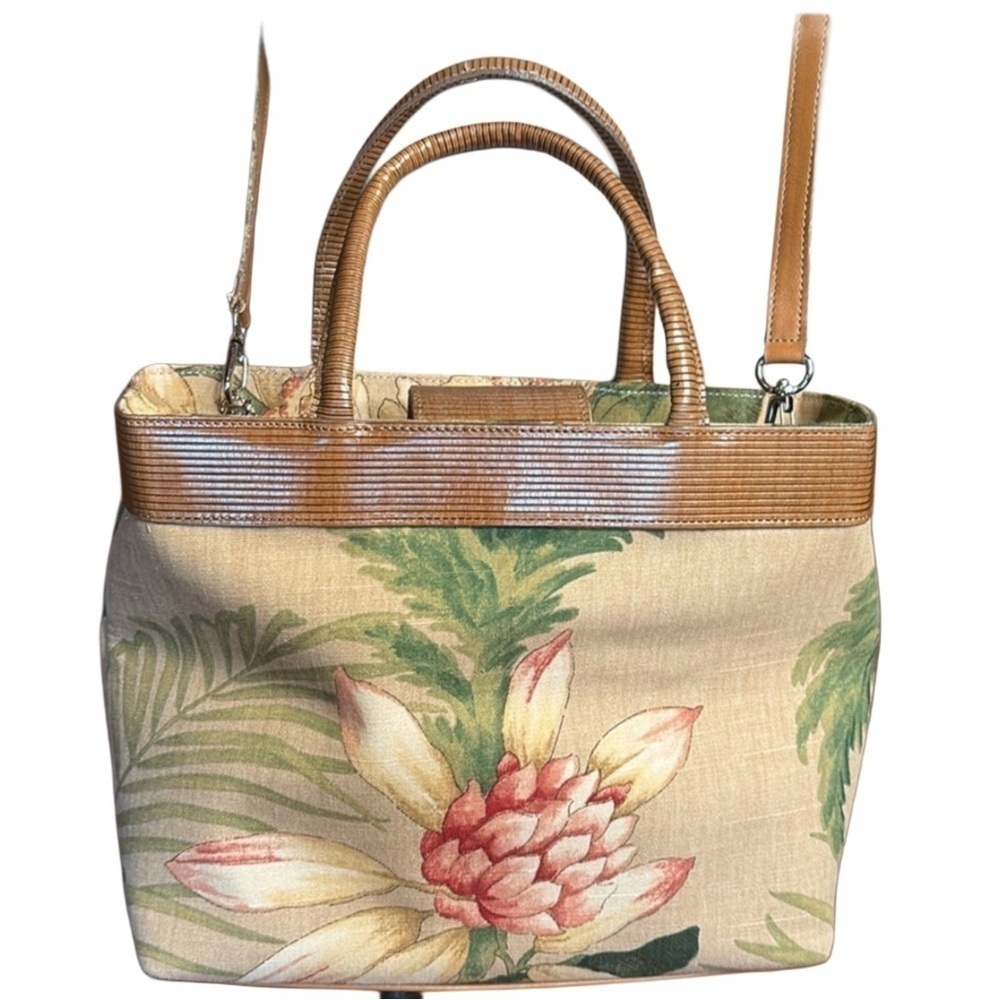 Carolee exotic cream tan palm floral fronds satchel crossbody brown purse bag